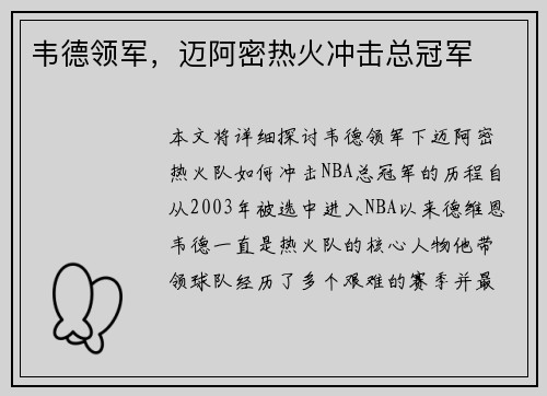 韦德领军,迈阿密热火冲击总冠军