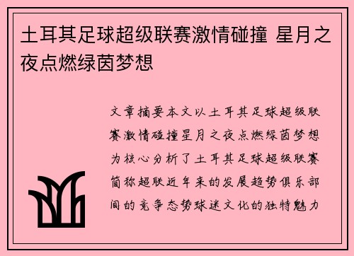 土耳其足球超级联赛激情碰撞 星月之夜点燃绿茵梦想